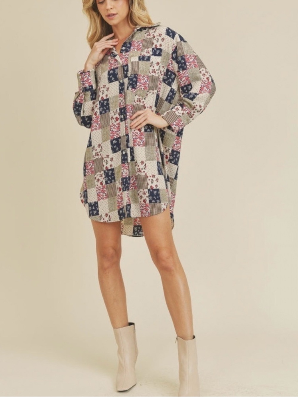 If She Loves "Be Faithful" Oversized Patchwork Shirt Dress Tunic - Picture 2 of 11